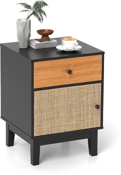 COSTWAY Nachtkastje van rotan, nachtkastje met lade en kast, bijzettafel, banktafel, nachtkastje in boho-stijl voor slaapkamer, woonkamer, 40 x 39 x 55 cm