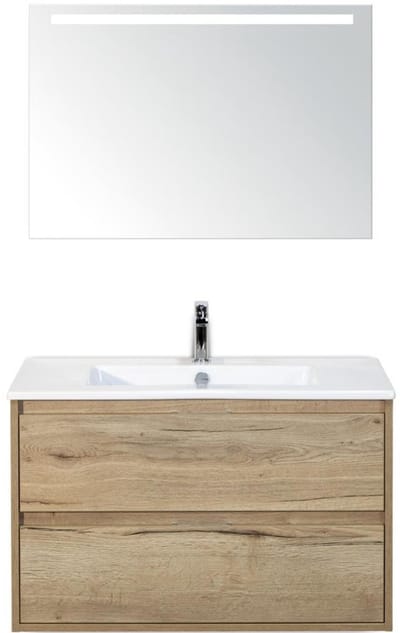 Porto Badmeubelset 90 cm - Natuur Eiken - Keramische Wastafel Wit Slim met Sence Spiegel