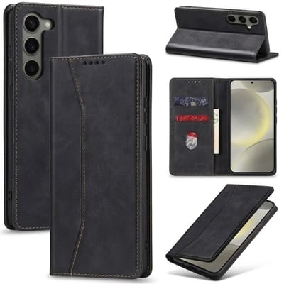 Zwart kunstleer wallet case telefoon hoesje geschikt voor Samsung Galaxy S23 dames en heren met magneetsluiting en flip cover