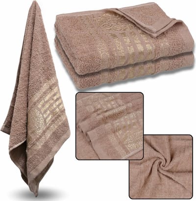 Bruine Katoenen Handdoek met Gouden Borduurwerk, Badhanddoek 70x135 cm