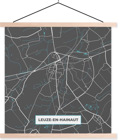Posterhanger incl. Poster 40x40 cm - Schoolplaat - Plattegrond – Leuze en Hainaut – Blauw – Stadskaart - Kaart - Textielposter - Blanke latten - Stadskaart