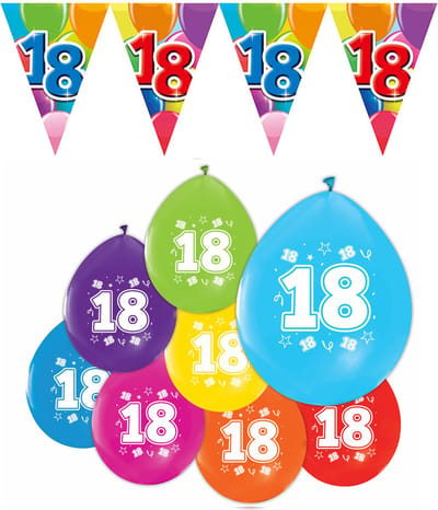 Feestpakket 18 jaar / 8 ballonnen en 1 vlaggenlijn 10 meter - Versiering Slinger Feestdecoratie Decoratie Verjaardag Jubileum Ballon Feest