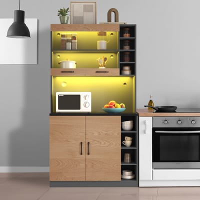 Sweiko Keukenkasten, buffet met LED-verlichting en snoergaten, grote ruimte voor magnetron, in hoogte verstelbare zijplanken, bruin + grijs