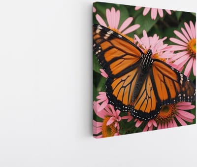Saammp Canvas Schilderij -Vlinder bij roze bloemen - Dieren - Natuur - 20x20 - Foto op canvas - Wanddecoratie - muurdecoratie Woonkamer - Slaapkamer decoratie - Canvas Print