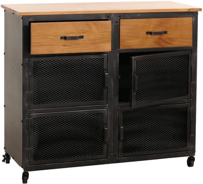 Ladekast MCW-N28, kast, wielen 2 laden, 3D structuur industrieel retro metaal hout 90x100x40cm ~ zwart, naturel