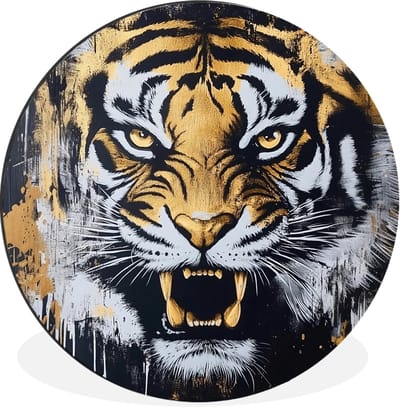 WallCircle - Wandcirkel - Muurcirkel - Tijger - Verfspatten - Goud - Aluminium - Dibond - 30x30 cm - Binnen en Buiten