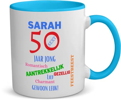 Akyol - sarah 50 jaar jong koffiemok - theemok - blauw - 49+1 - mensen die 50 zijn geworden - 50 jaar sarah en abraham cadeau - jubileum man en vrouw - verjaardags - grappige tekst - jarig - verjaardag - 350 ML inhoud
