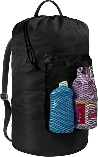 Waszak - Waszak met schouderband en netvak - Wasrugzak - Grote draagbare wasmand - Perfect voor studenten, wasserettes en reizen in appartementen - Zwart