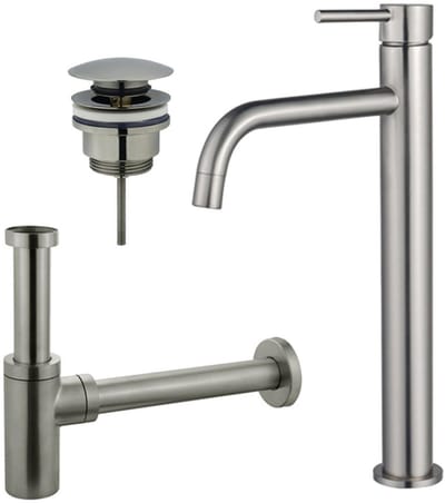 FugaFlow Eccelente Sobrado Badkamer Slim Wastafelkraanset - verhoogde wastafelkraan - klikwaste plug - design sifon - PVD Geborsteld RVS