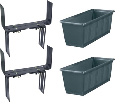 Set van 2 kunststof plantenbak antraciet grijs rechthoekig 40 cm met 4 verstelbare balkon/muurbeugels