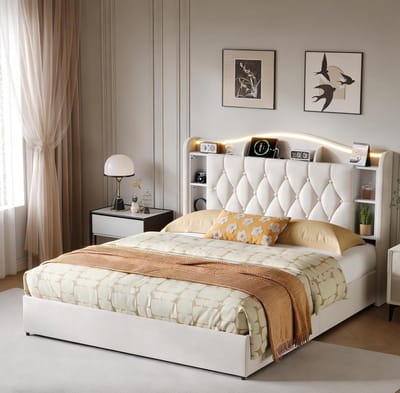 Gestoffeerd Bed - Tweepersoonsbed Slaapbank - Ontspannen Slapen - Met Verlichting en USB - 140 x 200 cm - Beige