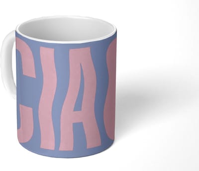 Mok - Koffiemok - Ciao - Roze - Blauw - Golvend - Mokken - 350 ML - Beker - Koffiemokken - Theemok - Mok met Tekst