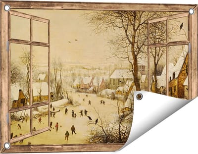 Gards Tuinposter Doorkijk Winterlandschap met Schaatsers en Vogelknip - Pieter Bruegel de Oude - 60x40 cm - Tuindoek - Tuindecoratie - Wanddecoratie buiten - Tuinschilderij