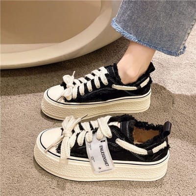 Chaussures en toile pour femmes au design Hairy Edge, petites chaussures blanches en toile légère tissée à lacets hauts et à semelle épaisse 40 noir