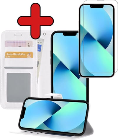 Hoesje - Met Screenprotector - Geschikt voor Apple iPhone 14 - Luxe Pasjeshouder - Flipcase - Bookcase Portemonee - Flip Case - Kunstleer Book Case - Book Cover - Walletcase - Portemonneehoes - Telefoonhoes - Wit