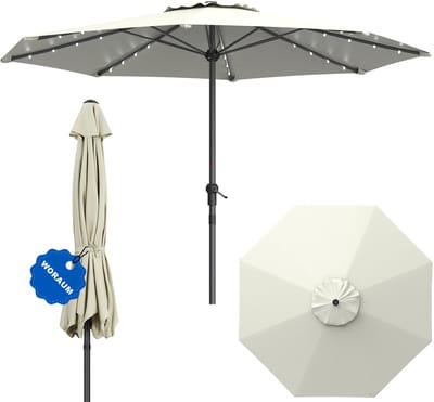Soontrans - Parasol 350 cm - Met 32 LED-Lampjes -Tuinparasol Niet kantelbaar - Balkonparasol UPF 50+ - Stokparasol 38 mm-Draagbare Terrasparasol -Marktparasol Waterdicht - Strandparasol -Slingerparasol voor Terrassen-Balkons en Zwembaden -Beige