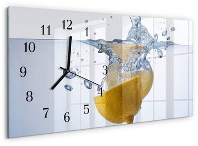 Tulup Wandklok - Citroen in water Wandklok Glas Met Motief - 60x30 cm - Blauw Decoratieve Glazen Klok - Zwarte Handen - Rechthoekige Wandklok - Klok Glas Met Opdruk - Moderne Wandklok Glas