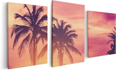 Artaza Canvas Schilderij Drieluik Tropische Palmbomen Met Zonsondergang - 120x60 - Foto Op Canvas - Canvas Print