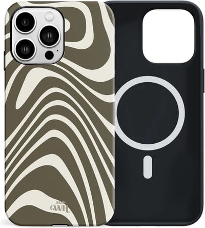 xoxo Wildhearts siliconen hoesje geschikt voor iPhone 15 Pro MagSafe hoesje - Boogie Wonderland Green - Double Layer - Magnetisch telefoonhoesje - Magneet case - Backcover met dubbele beschermlaag - Golvenprint - Golvend patroon - golven - Groen