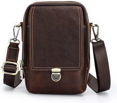 BUGOLINI Tyranus - Lederen Heren Telefoontas met Schouderriem – Voor Telefoons Tot 6.7 Inch - Verstelbare en Afnemeebare Riem – Ritssluiting en Magnetische Sluiting – 3 Vakken - Coffee