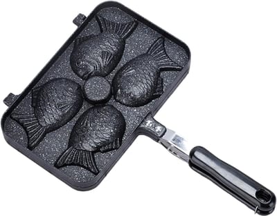Taiyaki Maker - Visvormige Bakvorm voor 4 Stuks - Aluminiumlegering Wafelijzer - Non-Stick - Zwart - 37.5x24x4 cm
