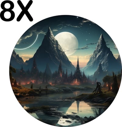 Luxe Ronde Placemat - Getekend - Nacht - Puntige Stad - Maan - Bergen - Set van 8 Placemats - 40x40 cm - 2 mm dik Vinyl - Anti Slip - Afneembaar