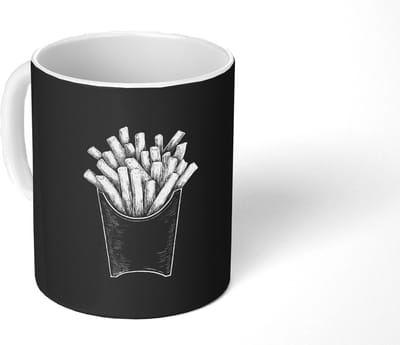 Mok - Koffiemok - Friet - Witte krijttekening - Zwart - Mokken - 350 ML - Beker - Koffiemokken - Theemok