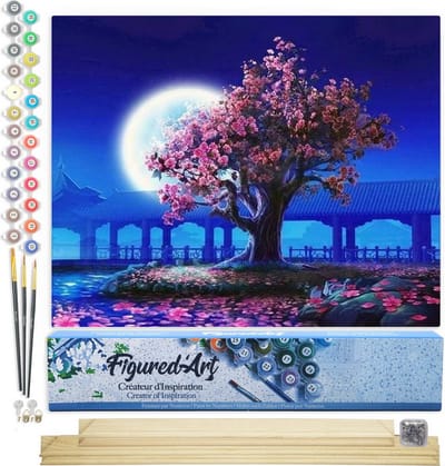 Figured'Art Schilderen op Nummer Volwassenen canvas Boom en grote maan - Handwerk acrylverf Kit DIY Compleet - 40x50cm met DIY houten lijst