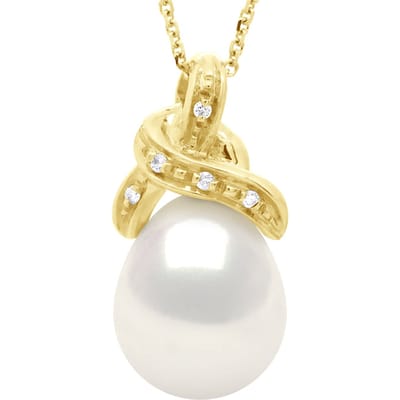 Halsketting Beaded Hangertje KNOOP Geelgoud en Diamanten 0,04 Ct Echte Zoetwaterparel Peer 9-10 mm