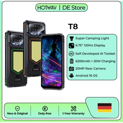 HOTWAV T8 IP68 & IP69K Smartphone Super Campinglamp 6.75'' 120Hz 20MP Achtercamera NFC Octa-core Mobiele Telefoon 6200mAh Batterij 20W Snelladen 4GB RAM 64GB ROM Zelfontwikkelde AI Toolset Android 16