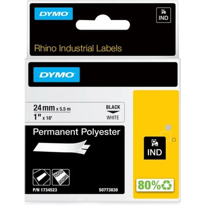 DYMO Rhino industriële labels | Permanent Polyester | 24 mm x 3,5 m | zwarte afdruk op wit | zelfklevende labels voor Rhino & LabelManager labelprinters