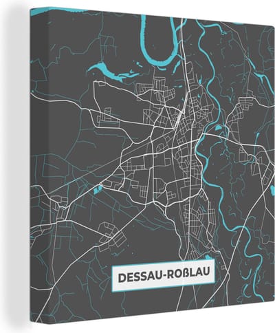 Canvas Schilderij Kaart – Plattegrond – Stadskaart – Dessau Roßlau– Duitsland – Blauw - 20x20 cm - Wanddecoratie