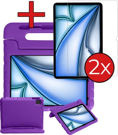 Hoesje - Geschikt voor Apple iPad Air (2024/2025/2026) - 13 inch - Met 2x Screenprotector - Kinderhoes - Shockproof Bumper - Kidsproof Case - Tablethoes - Kinder Hoes Cover - Paars