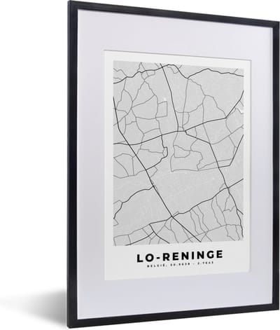 Fotolijst incl. Poster Zwart Wit- Stadskaart – Zwart Wit - Kaart – Lo Reninge – België – Plattegrond - 30x40 cm - Posterlijst