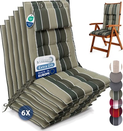 Beautissu Sun-HL – Set van 6 Premium Hoge Rugleuning Stoelkussen 120x50 cm – UV-bestendig – 8cm Dik – met Hoofdkussen & Bevestigingsbanden – Antislip – Groen Gestreept