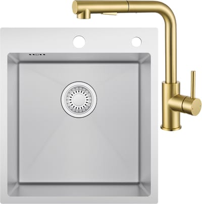 CECIPA max Spoelbak voor keuken 44*49CM - Spoelbak Keuken Met Goud Keukenkraan met Uittrekbare Uitloop - Enkele spoelbak Met waterafvoersysteem - Voor 45 cm Kast