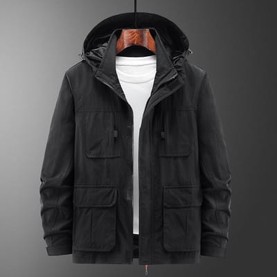 Lente en Herfst Herenjas Casual Opstaande Kraag Losse Jas Multi-Zak Middenleeftijd Afneembare Capuchon Buitenjas XXXXL zwart