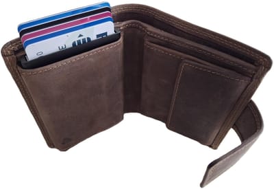 Oi Hunter bruine leren billfold met Cardprotector afsluitbaar / normale portemonnee met Figuretta pasjeshouder en lip om af te sluiten / complete portemonnee met anti skim kastje / leren beurs met metalen pasjeshouder / bruin leer / 671H