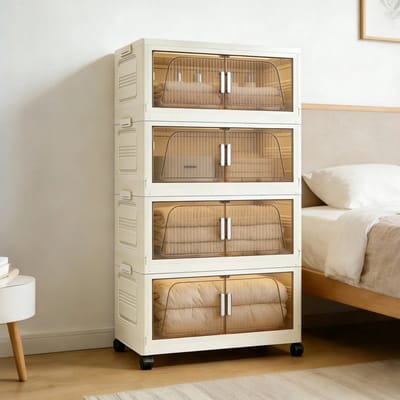 3/4-laags stapelbare opvouwbare opbergbox met wielen, rollende opbergkast, transparante plastic organizer voo