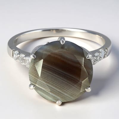 Cavill - Zilveren Ring met 3,77ct Botswana Agaat, Witte Topaas & Diamant - 925 Sterling Zilver - Elegante Ronde Edelsteen - Luxe Ringen