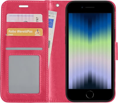 Hoes - Met Pasjeshouder - Geschikt voor Apple iPhone SE (2022) - Luxe Bookcase Portemonee - Flip Case - Kunstleer Book Case - Flipcase - Book Cover - Walletcase - PortemonneeHoes - Donkerroze