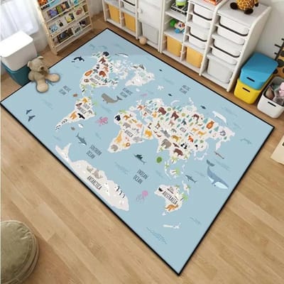 Kinderwereldkaart Cartoon Vloerkleed – Speelse Vloermat voor Slaapkamer, Woonkamer & Badkamer | Duurzaam Gebiedskleed voor Kinderruimtes 80*160cm