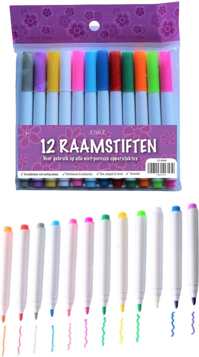 Joyage Raamstiften Afwasbaar - 12 kleuren - Kinderen & Volwassenen - Krijtstiften voor raam - Whiteboard stiften Window marker - Krijtmarker Glasstiften Krijtstift - Peuter speelgoed 4 jaar 5 jaar - Meisjes speelgoed 6 jaar - Jongens speelgoed 3 jaar