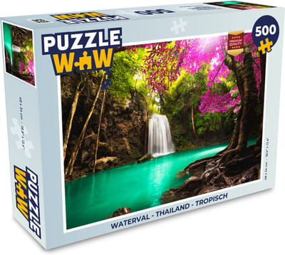 Puzzel Waterval met kleurrijke bloemen en bomen - Natuur - Jungle - Legpuzzel - Puzzel 500 stukjes