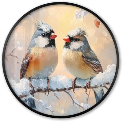 Poster in lijst Rond - Fotolijst 60x60 cm - Posters - Vogels - Tak - Winter - Sneeuw - Ronde posterlijst zwart - Decoratie - Wanddecoratie woonkamer - Muurdecoratie slaapkamer