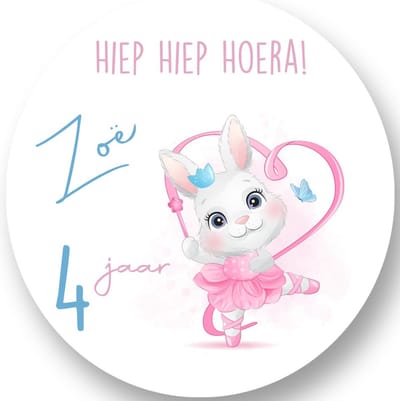 20x Ballerina Konijn Stickers met Naam en Leeftijd - Verjaardag Meisjes - Dansen - Traktatiestickers met naam - Gepersonaliseerd - Sluitstickers - Kinderfeest Traktatie - Uitdelen - Uitdeeltraktatie - Wensetiket - Rond - 40mm - Glossy sticker