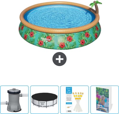 Bestway Rond Opblaasbaar Fast Set Zwembad - Paradijsprint - 457 x 84 cm - Inclusief Pomp Afdekzeil - Testrips - Zwembadgids