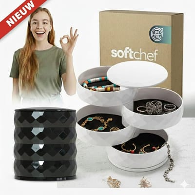 Soft Chef Diamond Jewelry Sieraden Organizer – Wit & Zwart – Set van 2 – Draaibaar 360° – Stofvrij – Compact & Stijlvol – Perfect Cadeau