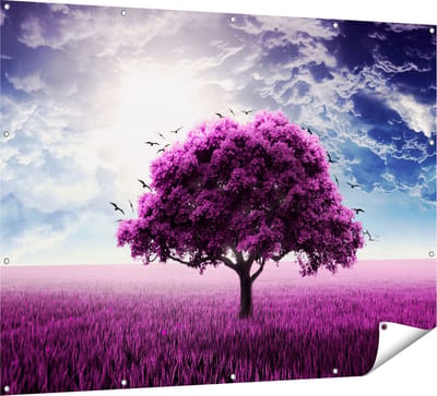 Gards Tuinposter Paarse Boom in het Paars Veld met Vogels - 160x120 cm - Tuindoek - Tuindecoratie - Wanddecoratie buiten - Tuinschilderij
