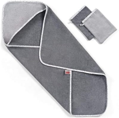 Handdoek met Capuchon | 80x80cm Badcape met Capuchon voor Zuigelingen, Baby’s, Peuters, Kleuters en Kinderen | Badhanddoek inclusief 2 Washandjes | Oeko-Tex Gecertificeerd | 100% Katoen - Grijs
